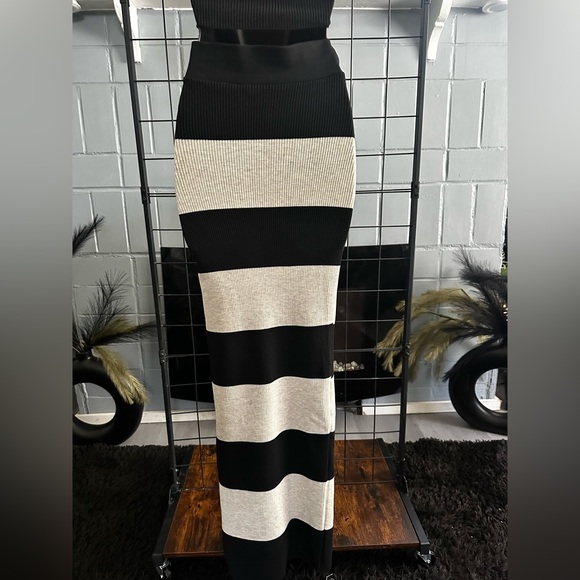 Black and Oatmeal Striped Two-Piece Halter Crop Top Midi Maxi Skirt Set - Picture 9 of 9